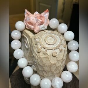 Blush Kunzite 12mm with Pink Petal Agate Fox Mask
